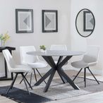 Novara Dining Set - 4 Seater - 130cm - Round - Grey Ceramic - 4x Boden Dining Chairs - Cream Fabric - Swivel