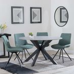 Novara Dining Set - 4 Seater - 130cm - Round - Grey Ceramic - 4x Boden Dining Chairs - Green Fabric - Swivel