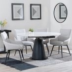 Carrara White Ceramic 4 Seater Round Extending Dining Set - 4 Ace Beige Fabric Swivel Dining Chair
