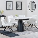 Carrara White Ceramic 4 Seater Round Extending Dining Set - 4 Arctic Cream Velvet Fabric Swivel Dining Chair