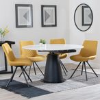 Carrara White Ceramic 4 Seater Round Extending Dining Set - 4 Boden Yellow Fabric Swivel Dining Chair