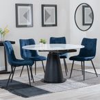 Carrara White Ceramic 4 Seater Round Extending Dining Set - 4 Corona Blue Fabric Dining Chair