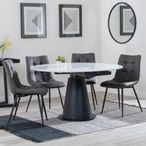 Carrara White Ceramic 4 Seater Round Extending Dining Set - 4 Corona Grey Fabric Dining Chair