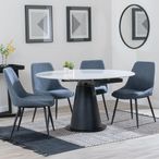 Carrara Dining Set - 4 Seater - 135cm - Round - White Ceramic - Extending - 4x Darwin Dining Chairs - Dark Grey Fabric