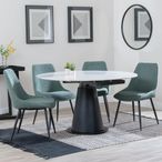 Carrara White Ceramic 4 Seater Round Extending Dining Set - 4 Darwin Green Fabric Dining Chair