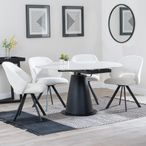 Carrara White Ceramic 4 Seater Round Extending Dining Set - 4 Ion Cream Boucle Teddy Fabric Swivel Dining Chair