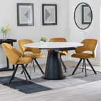 Carrara Dining Set - 4 Seater - 135cm - Round - White Ceramic - Extending - 4x Ion Swivel Dining Chairs - Mustard Velvet Fabric