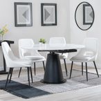 Carrara White Ceramic 4 Seater Round Extending Dining Set - 4 Peyton Cream Fabric Dining Chair