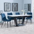 Alpha White Ceramic Extending Dining Set - Corona Blue Fabric Dining Chair