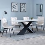Merlin White Ceramic Dining Set - Corona Beige Fabric Dining Chair