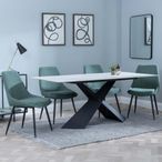 Merlin White Ceramic Dining Set - Darwin Green Fabric Dining Chair