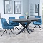 Bari Grey Ceramic Extending Dining Set - Arctic Blue Velvet Fabric Swivel Dining Chair