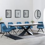 Hayden White Ceramic Extending Dining Set - Arctic Blue Velvet Fabric Swivel Dining Chair