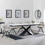 Hayden White Ceramic Extending Dining Set - Ion Beige Velvet Fabric Swivel Dining Chair