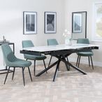 Apollo Extending Dining Set - 6-10 Seater - 160cm-220cm - White Ceramic - Darwin Dining Chair - Green Fabric