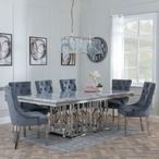 Vortex Grey Marble and Chrome Dining Set - Knocker Back Grey Velvet Fabric Dining Chair with Chrome Legs