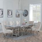 Vortex Grey Marble and Chrome Dining Set - Lion Knocker Back Champagne Velvet Fabric Dining Chair with Chrome Legs