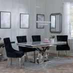 Lisbon Grey Marble and Chrome Dining Set - Knocker Back Black Velvet Fabric Dining Chair with Chrome Legs