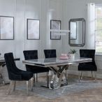 Lisbon Grey Marble and Chrome Dining Set - Lion Knocker Back Black Velvet Fabric Dining Chair with Chrome Legs