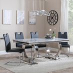 Glacier Grey Marble and Chrome Dining Set - Bianco Black Faux Leather Dining Chair