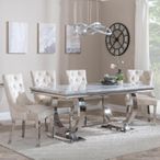 Glacier Grey Marble and Chrome Dining Set - Lion Knocker Back Champagne Velvet Fabric Dining Chair with Chrome Legs