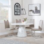 Carrera 4 Seater White Marble Round Dining Set - 4 Bianco Beige Faux Leather Dining Chair
