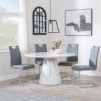 Carrera 4 Seater White Marble Round Dining Set - 4 Bianco Grey Faux Leather Dining Chair
