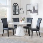 Carrera 4 Seater White Marble Round Dining Set - 4 Cadiz Black Leather Dining Chair