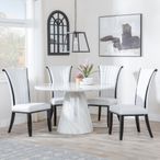 Carrera 4 Seater White Marble Round Dining Set - 4 Cadiz White Leather Dining Chair
