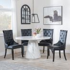 Carrera 4 Seater White Marble Round Dining Set - 4 Carmela Black Leather Dining Chair