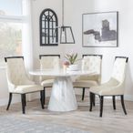 Carrera 4 Seater White Marble Round Dining Set - 4 Carmela Cream Leather Dining Chair