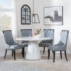 Carrera 4 Seater White Marble Round Dining Set - 4 Carmela Grey Leather Dining Chair
