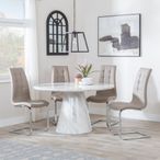 Carrera 4 Seater White Marble Round Dining Set - 4 Jamison Beige Faux Leather Dining Chair