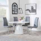 Carrera 4 Seater White Marble Round Dining Set - 4 Jamison Grey Faux Leather Dining Chair