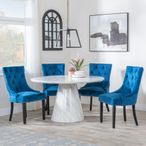 Carrera 4 Seater White Marble Round Dining Set - 4 Knocker Back Blue Velvet Fabric Dining Chair with Black Wooden Legs