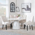 Carrera 4 Seater White Marble Round Dining Set - 4 Knocker Back Champagne Velvet Fabric Dining Chair with Black Wooden Legs
