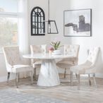 Carrera 4 Seater White Marble Round Dining Set - 4 Knocker Back Champagne Velvet Fabric Dining Chair with Chrome Legs