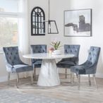 Carrera 4 Seater White Marble Round Dining Set - 4 Knocker Back Grey Velvet Fabric Dining Chair with Chrome Legs