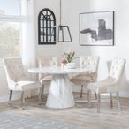 Carrera 4 Seater White Marble Round Dining Set - 4 Lion Knocker Back Champagne Velvet Fabric Dining Chair with Chrome Legs