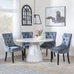 Carrera 4 Seater White Marble Round Dining Set - 4 Lion Knocker Back Grey Velvet Fabric Dining Chair with Black Wooden Legs