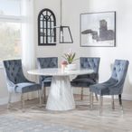 Carrera 4 Seater White Marble Round Dining Set - 4 Lion Knocker Back Grey Velvet Fabric Dining Chair with Chrome Legs