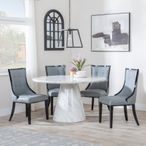 Carrera 4 Seater White Marble Round Dining Set - 4 Paris Grey Leather Dining Chair with Black Legs