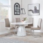 Carrera 4 Seater White Marble Round Dining Set - 4 Roma Beige Faux Leather Dining Chair
