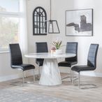 Carrera 4 Seater White Marble Round Dining Set - 4 Roma Black Faux Leather Dining Chair
