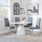 Carrera 4 Seater White Marble Round Dining Set - 4 Roma Grey Faux Leather Dining Chair