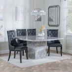 Turin Grey Marble Square Dining Set - Carmela Black Leather Dining Chair