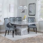 Turin Grey Marble Square Dining Set - Carmela Grey Leather Dining Chair