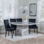 Turin Grey Marble Square Dining Set - Knocker Back Black Velvet Fabric Dining Chair with Black Wooden Legs