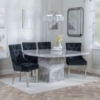 Turin Grey Marble Square Dining Set - Knocker Back Black Velvet Fabric Dining Chair with Chrome Legs