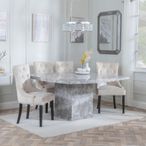Turin Grey Marble Square Dining Set - Knocker Back Champagne Velvet Fabric Dining Chair with Black Wooden Legs
